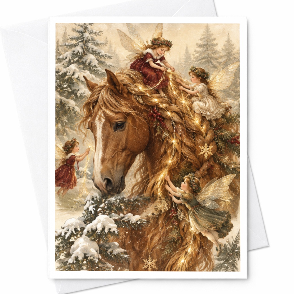 Fairies Decorating Horse Christmas Card Enchanting Holiday Greeting Card For Fairy Lover Magical Winter Scene C10230