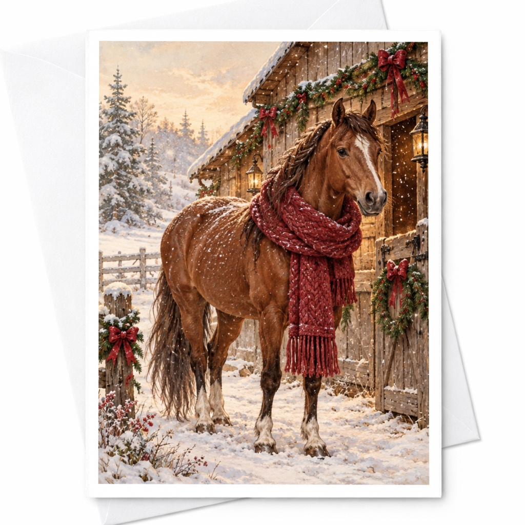 Horse In Winter Scene Christmas Card Rustic Holiday Greeting Card For Animal Lover Snowy Barn Scene Festive Card C10232