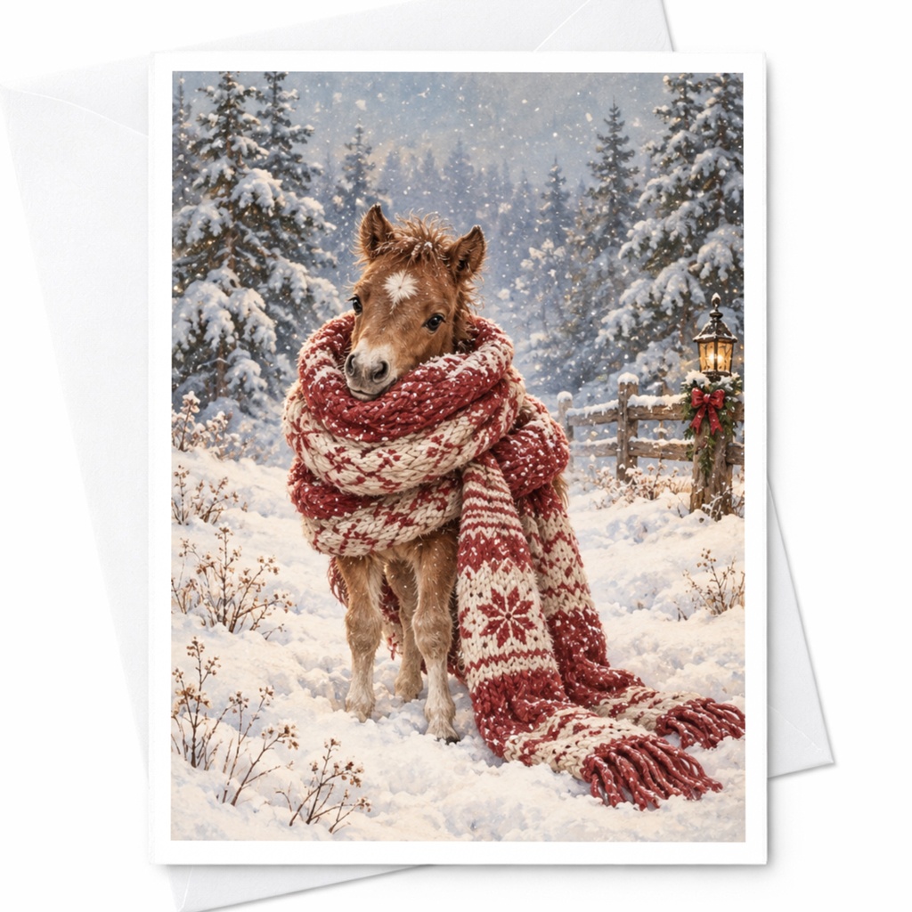 Cute Pony In Snow Christmas Card Winter Holiday Greeting Card For Animal Lover Cozy Scarf Festive Season Card C10233