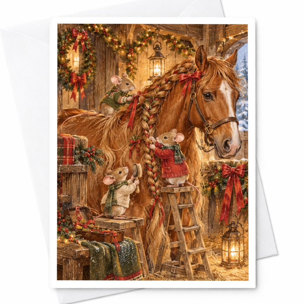Horse With Mice Decorating Christmas Card Cute Animal Holiday Greeting Card For Animal Lover Festive Winter Scene Card C10238