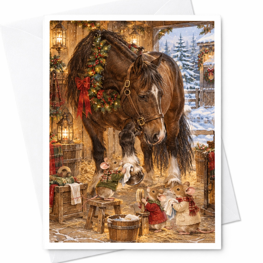 Horse With Mice Christmas Card Winter Scene Greeting Card Cute Animal Holiday Card For Horse Lover Festive Seasonal Card C10239