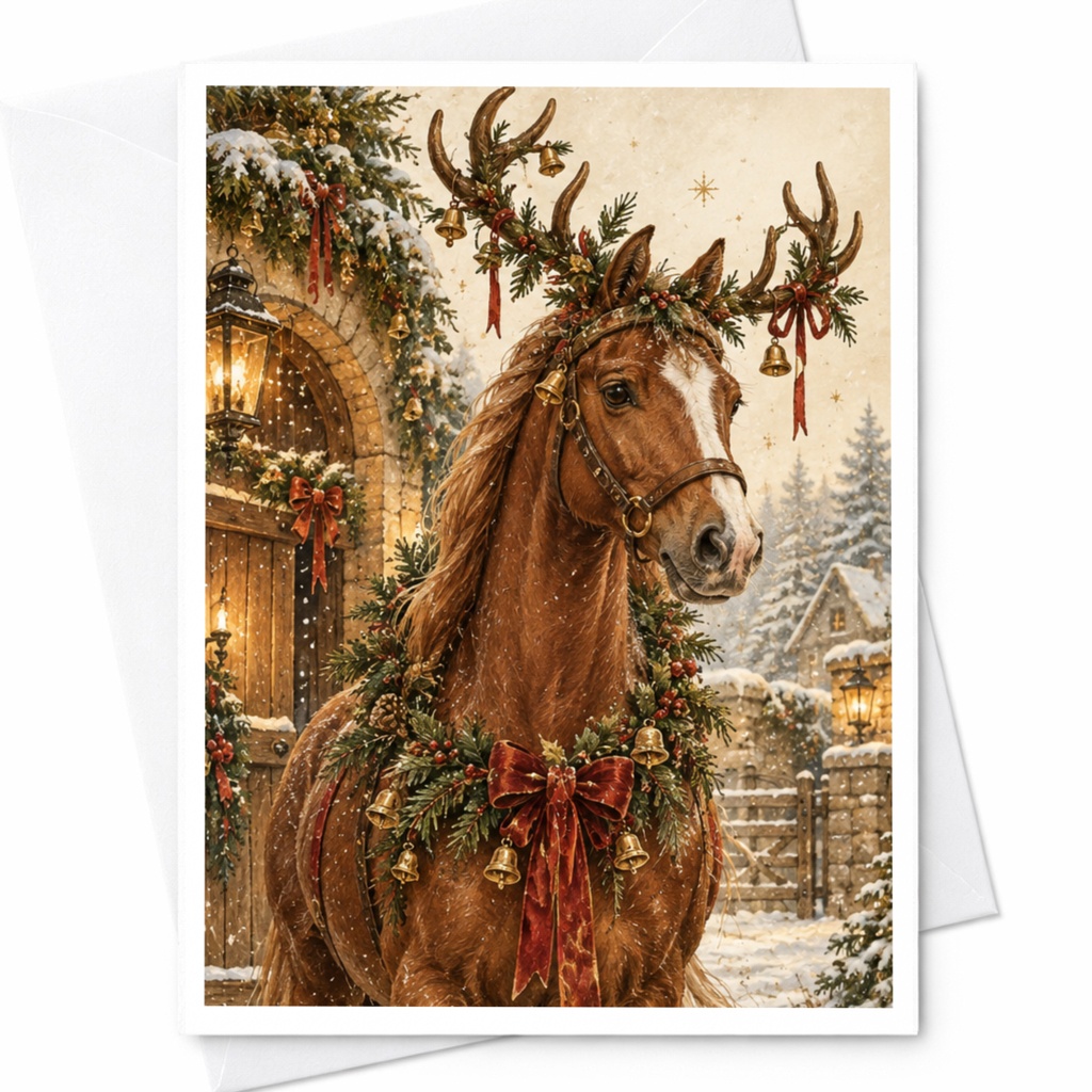 Festive Horse Christmas Card Rustic Holiday Greeting Card Winter Scene For Animal Lover Cute Seasonal Card C10240