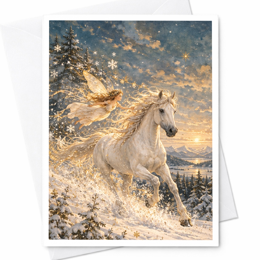 Fairy And Horse Blank Greeting Card Magical Winter Scene Enchanted Fantasy Art Card For Her Whimsical Everyday Card C10243
