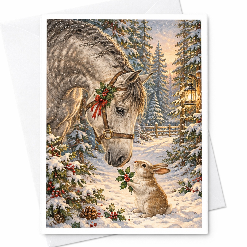 Horse And Rabbit Christmas Card Winter Wonderland Greeting Card Animal Lover Holiday Card Cute Snowy Forest Scene C10245
