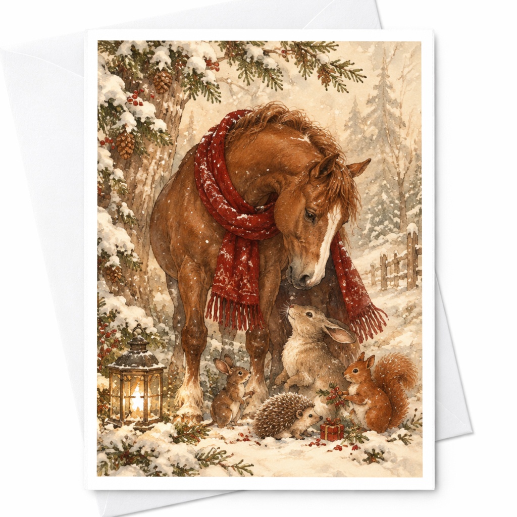 Horse Woodland Animals Christmas Card Winter Scene Greeting Card Cute Holiday Card For Animal Lover Snowy Forest Illustration C10248