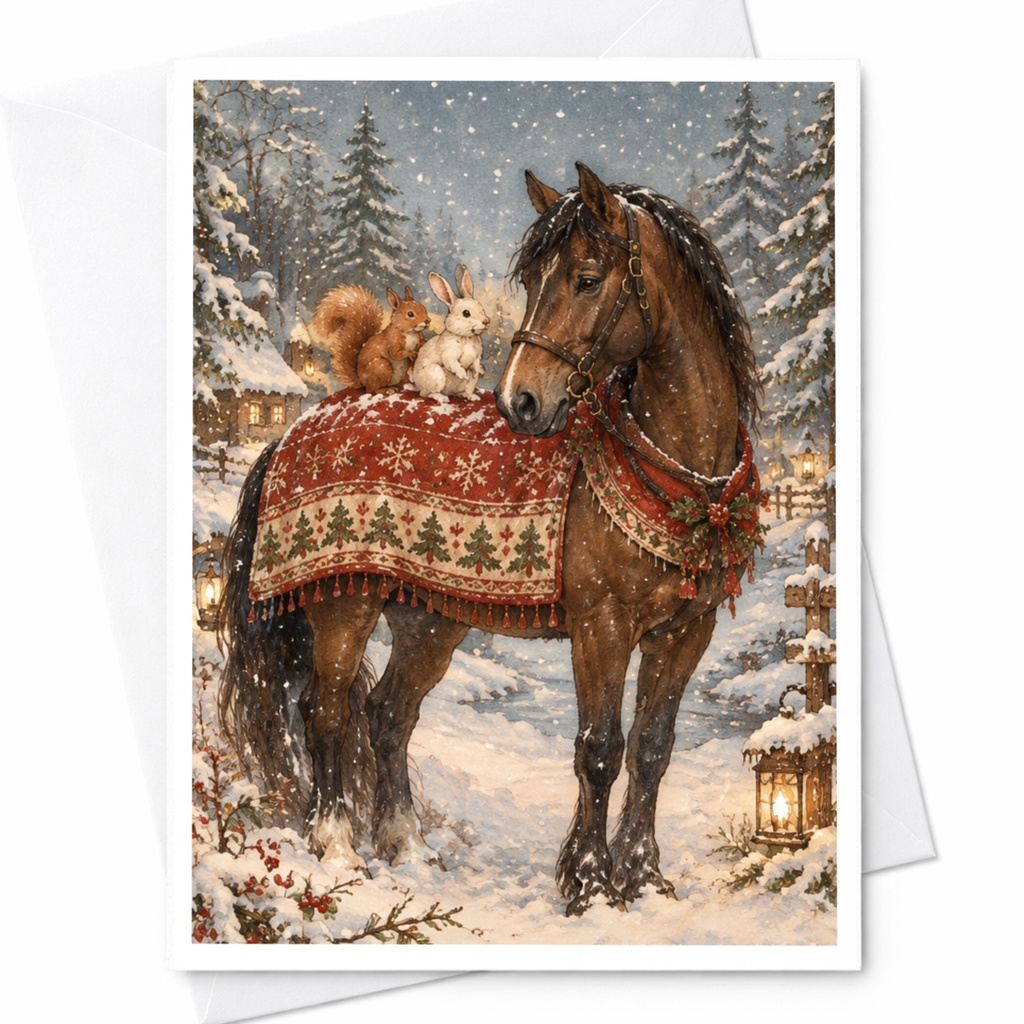 Horse Woodland Animals Christmas Card Winter Scene Greeting Card For Animal Lover Cute Holiday Card Snowy Forest C10249
