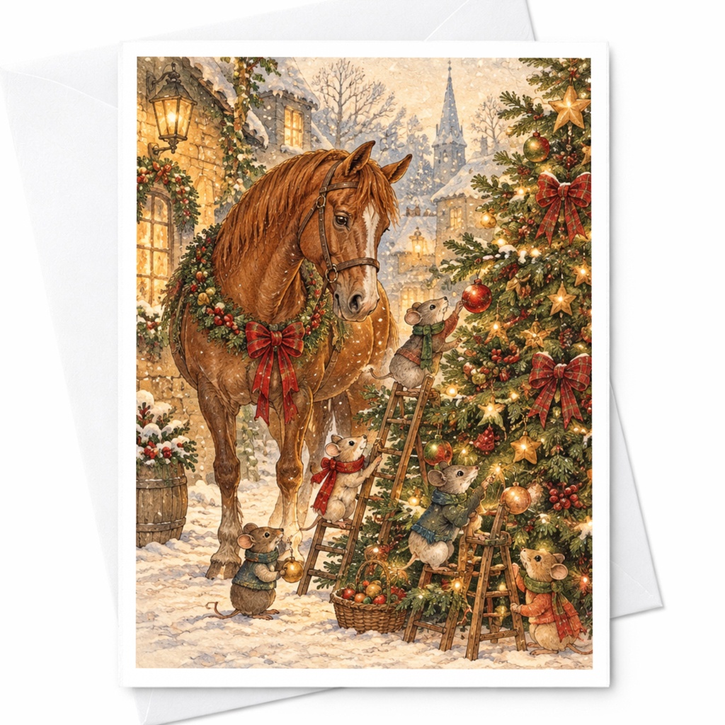 Horse And Mice Christmas Card Festive Holiday Greeting Card Cute Animal Winter Scene For Animal Lover C10250