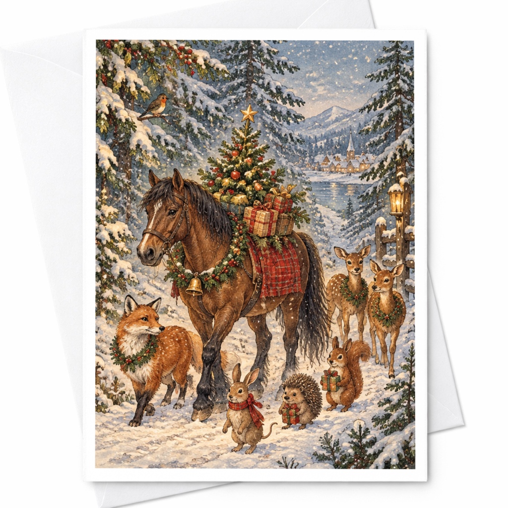 Horse And Woodland Animals Christmas Card Winter Scene Holiday Greeting Card For Animal Lover Cute Festive Snowy Forest C10251