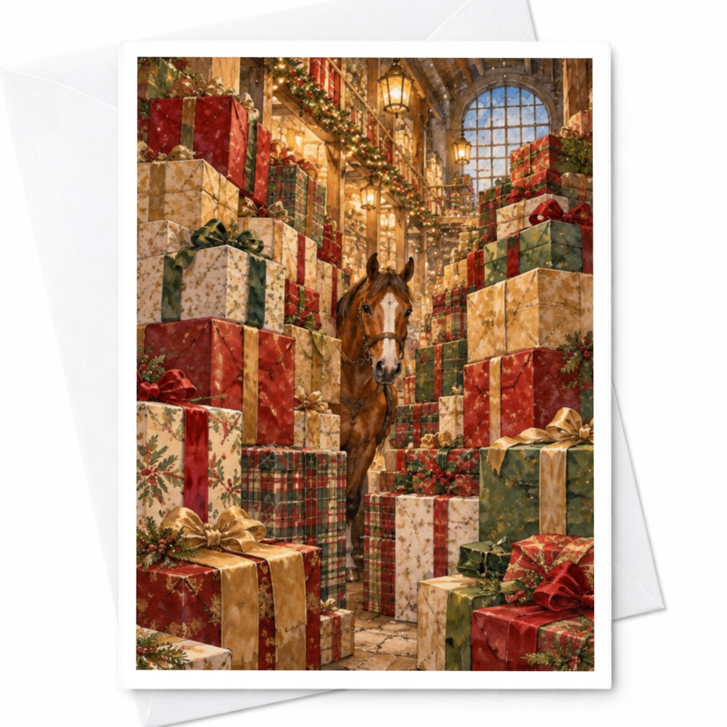 Horse Christmas Card Festive Holiday Greeting Card For Animal Lover Rustic Winter Scene With Gifts Seasonal Card C10256