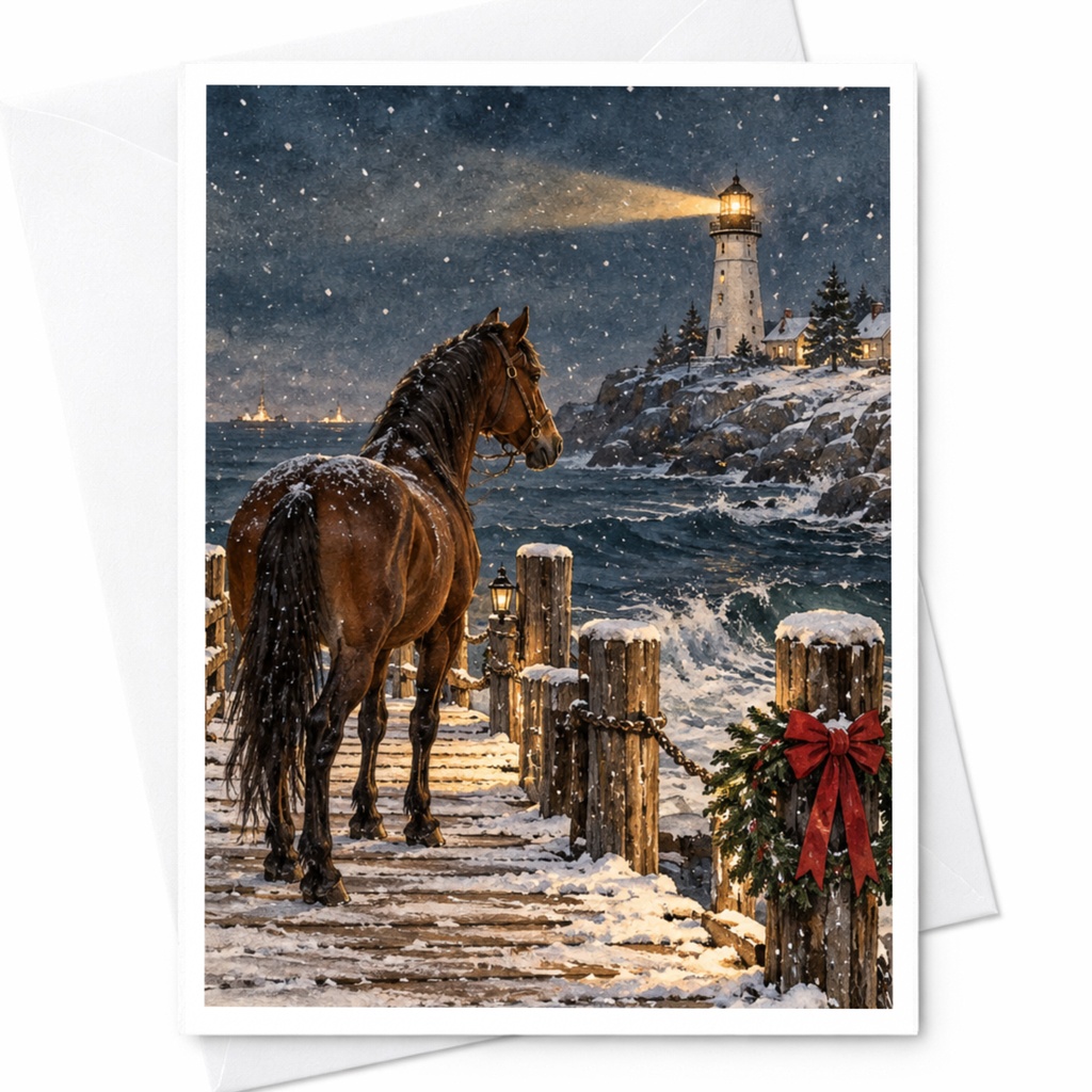 Horse And Lighthouse Winter Scene Blank Greeting Card Snowy Coastal Art Christmas Card For Nature Lover Animal Lover C10259