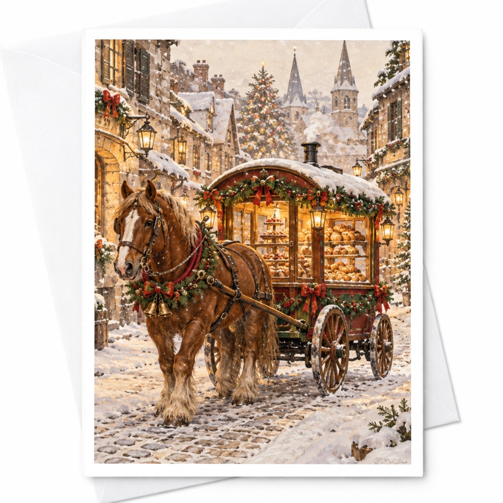 Festive Horse And Cart Christmas Card Winter Village Scene Holiday Greeting Card For Family Friends Seasonal Celebration C10260