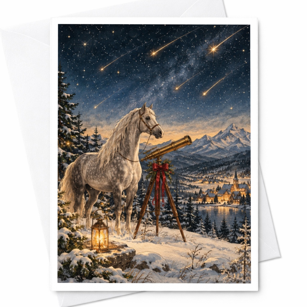 Horse With Telescope Under Starry Sky Blank Greeting Card Winter Scene For Nature Lover Magical Animal Card C10265