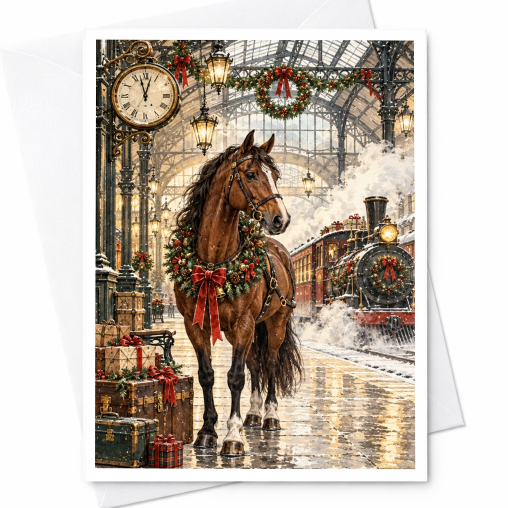 Horse With Wreath Christmas Card Festive Train Station Greeting Card Holiday Card For Animal Lover Winter Scene Art Card C10270