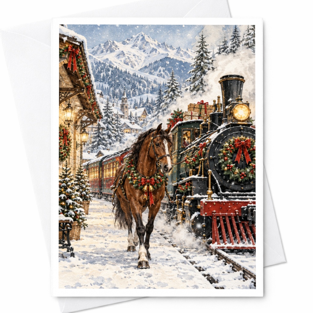 Horse And Train Christmas Card Winter Village Scene Holiday Greeting Card For Train Lover Festive Snowy Landscape Art C10271