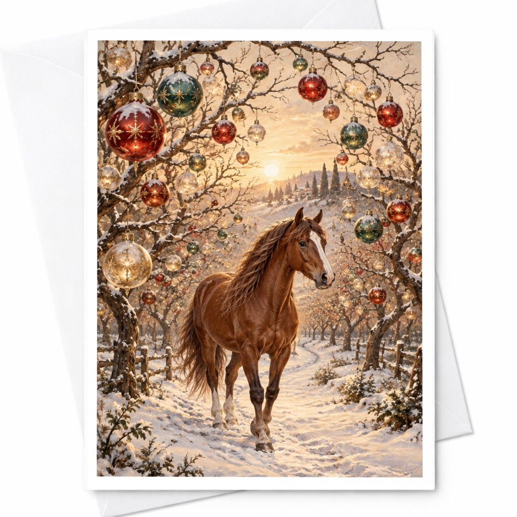 Horse Winter Scene Christmas Card Festive Greeting Card For Animal Lover Holiday Card With Ornaments Snowy Landscape Art C10274