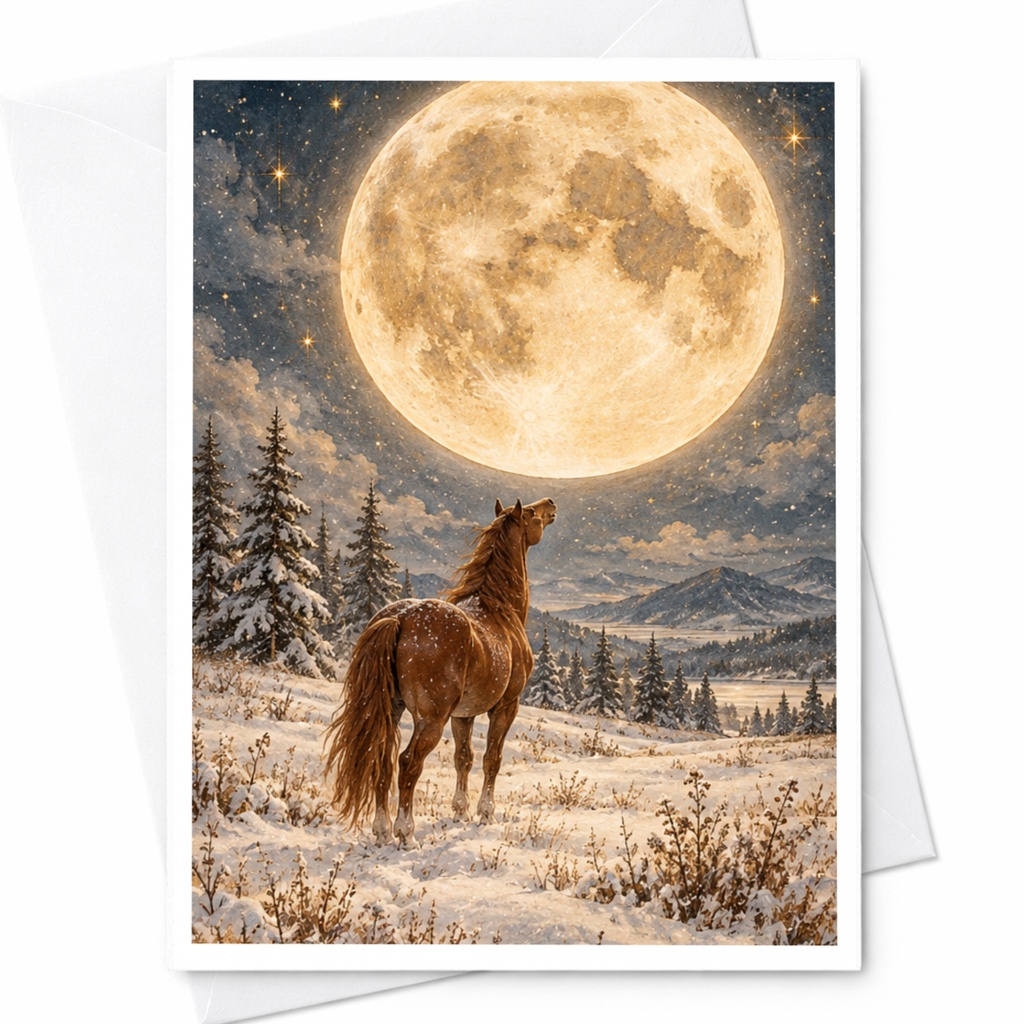 Horse Under Full Moon Blank Greeting Card Winter Scene For Nature Lover Animal Art Card Everyday Card C10278