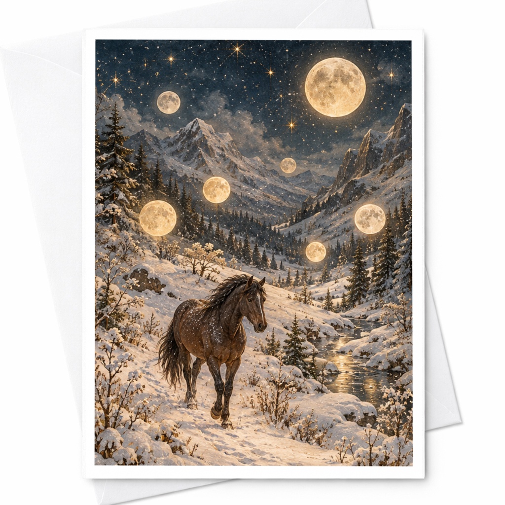 Horse In Snowy Landscape Blank Greeting Card Winter Scene For Nature Lover Animal Art Card Moonlit Night Card C10279