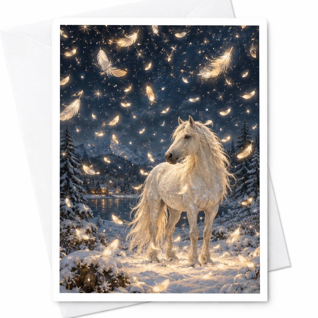 Majestic Horse Blank Greeting Card Winter Wonderland Scene For Animal Lover Enchanting Snowy Landscape Card Fantasy Art C10281