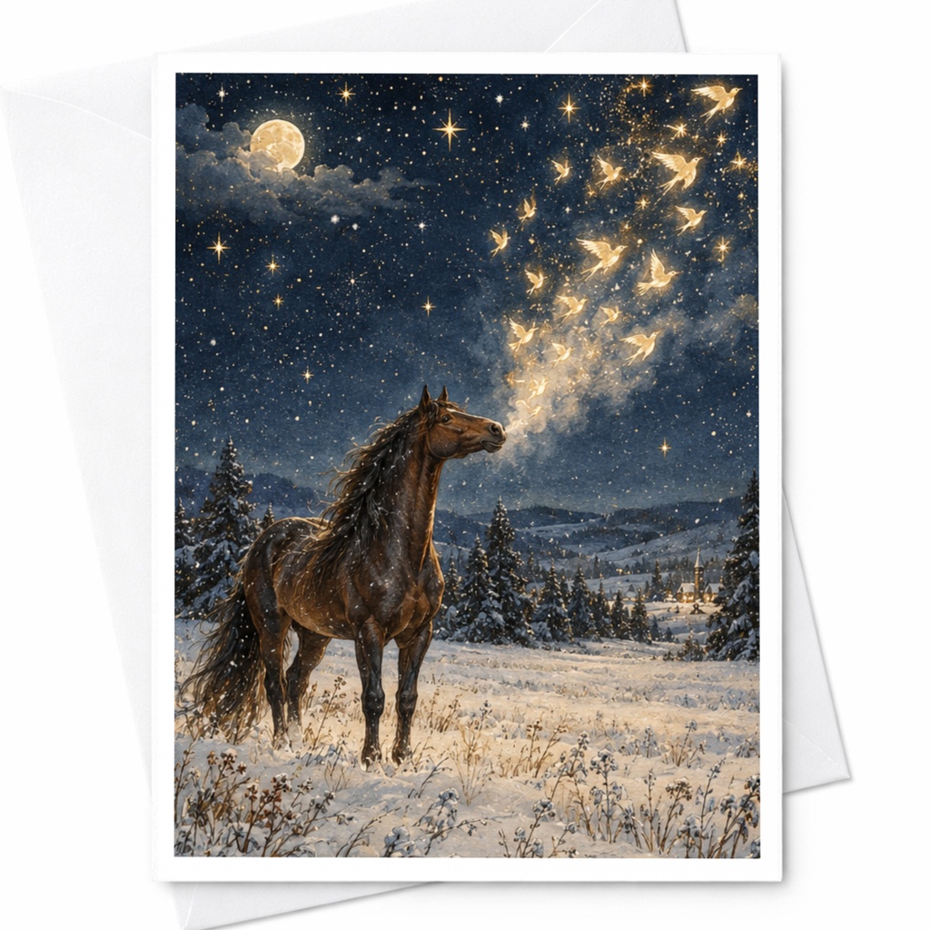 Horse In Snowy Landscape Blank Greeting Card Winter Scene With Doves For Nature Lover Animal Art Card Christmas Card C10285