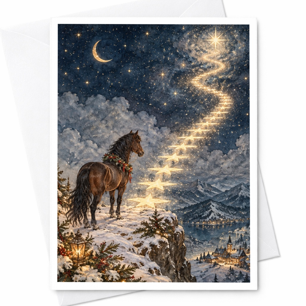 Horse Under Starry Night Christmas Card Winter Scene Holiday Greeting Card For Horse Lover Magical Snowy Landscape C10287