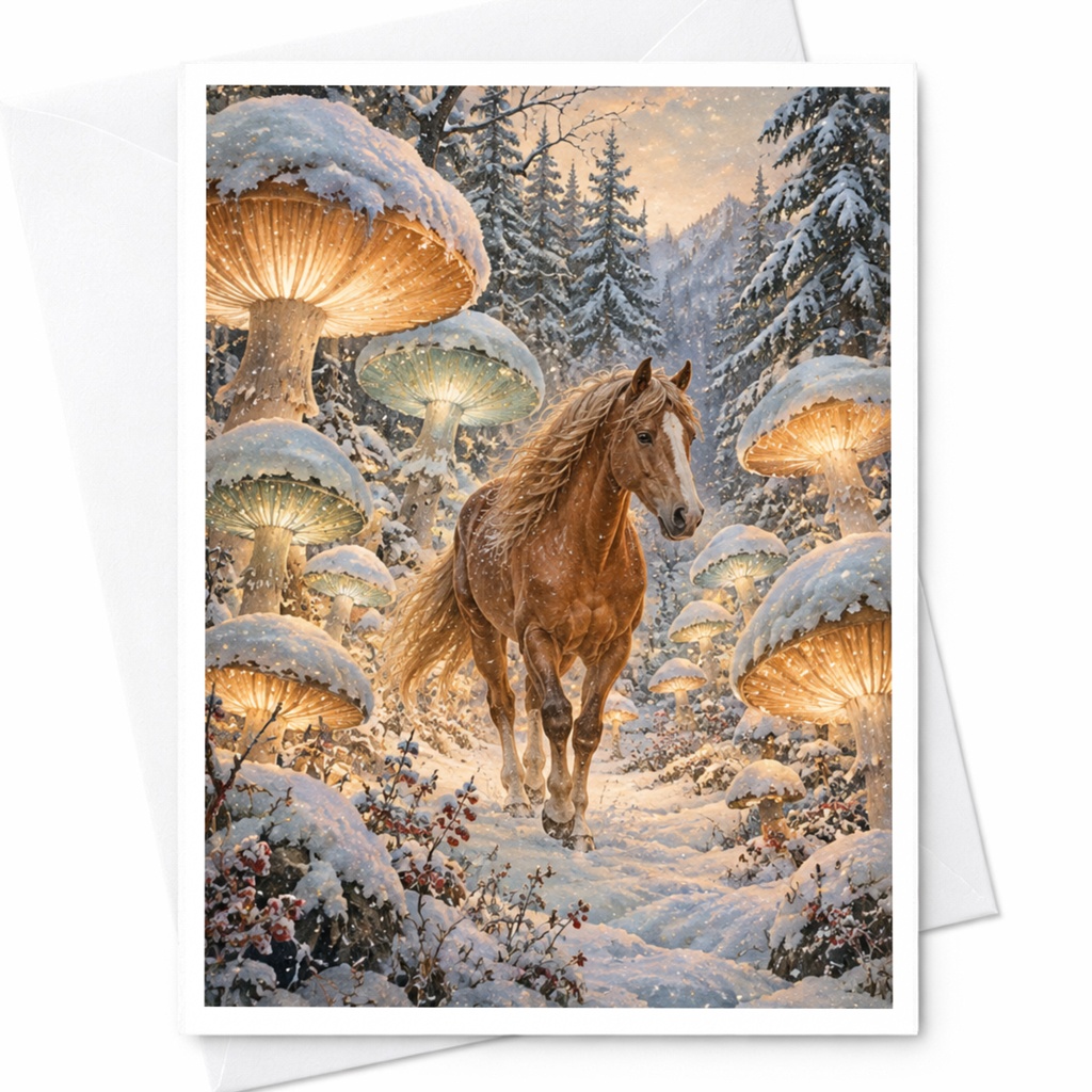 Horse In Snowy Forest Blank Greeting Card Enchanted Winter Scene For Nature Lover Magical Animal Card Fantasy Art C10288