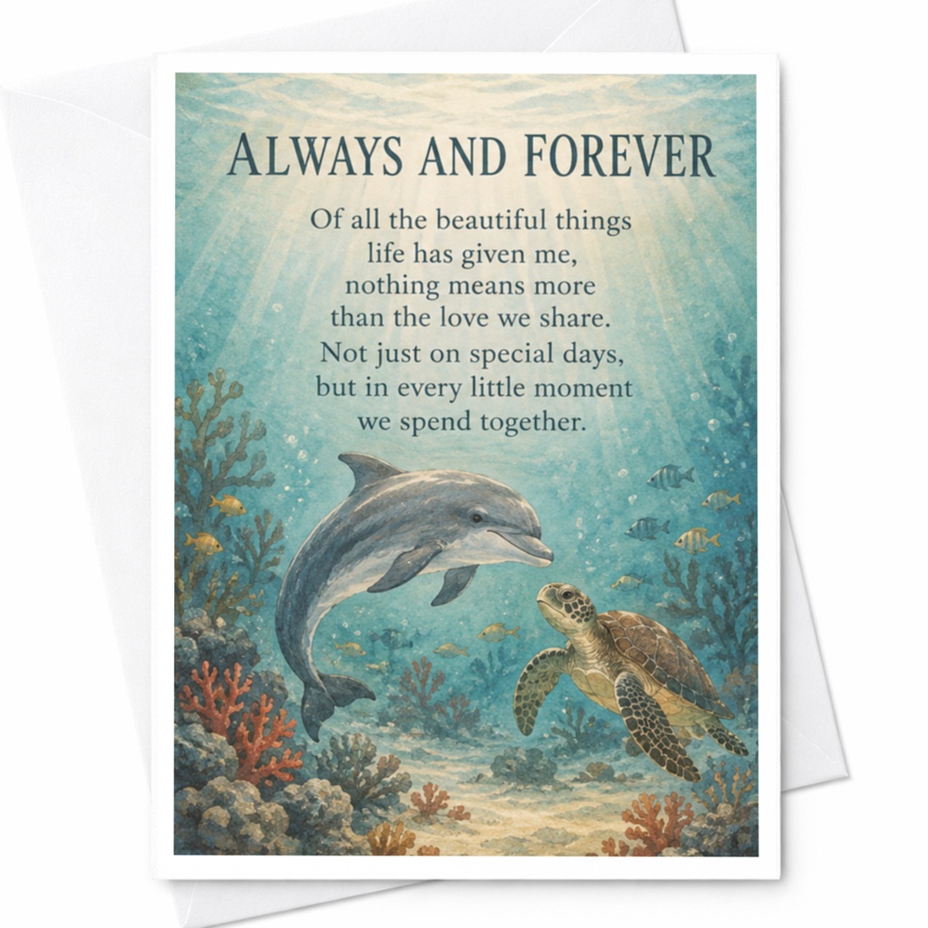 Always And Forever Anniversary Card Romantic Ocean Scene Dolphin Turtle Love Card For Couple Sentimental Greeting Card C10292