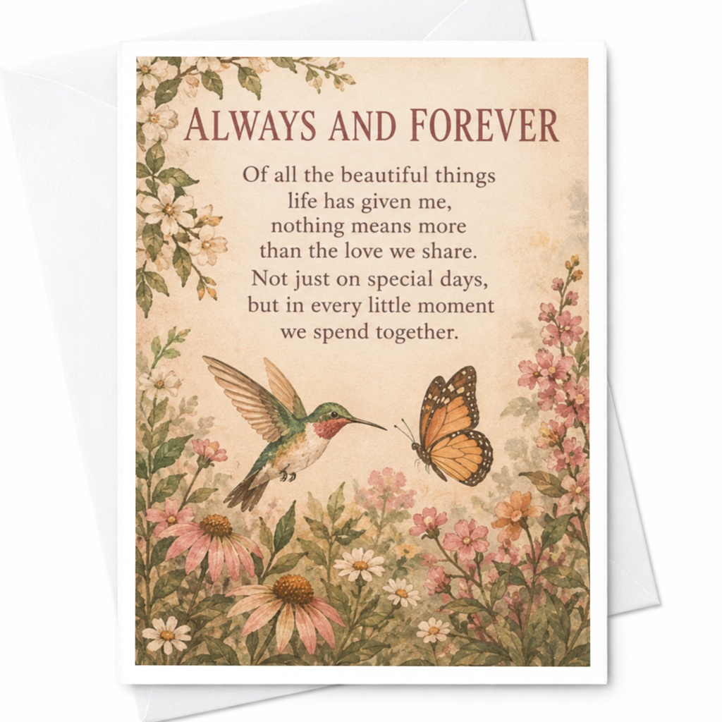 Always And Forever Anniversary Card Romantic Love Greeting Card For Couple Hummingbird Butterfly Floral Sweet Sentimental C10293