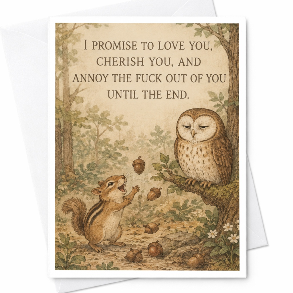 I Promise To Love You Cherish You Funny Anniversary Card For Couple Cute Chipmunk Owl Illustration Romantic Greeting Card C10297