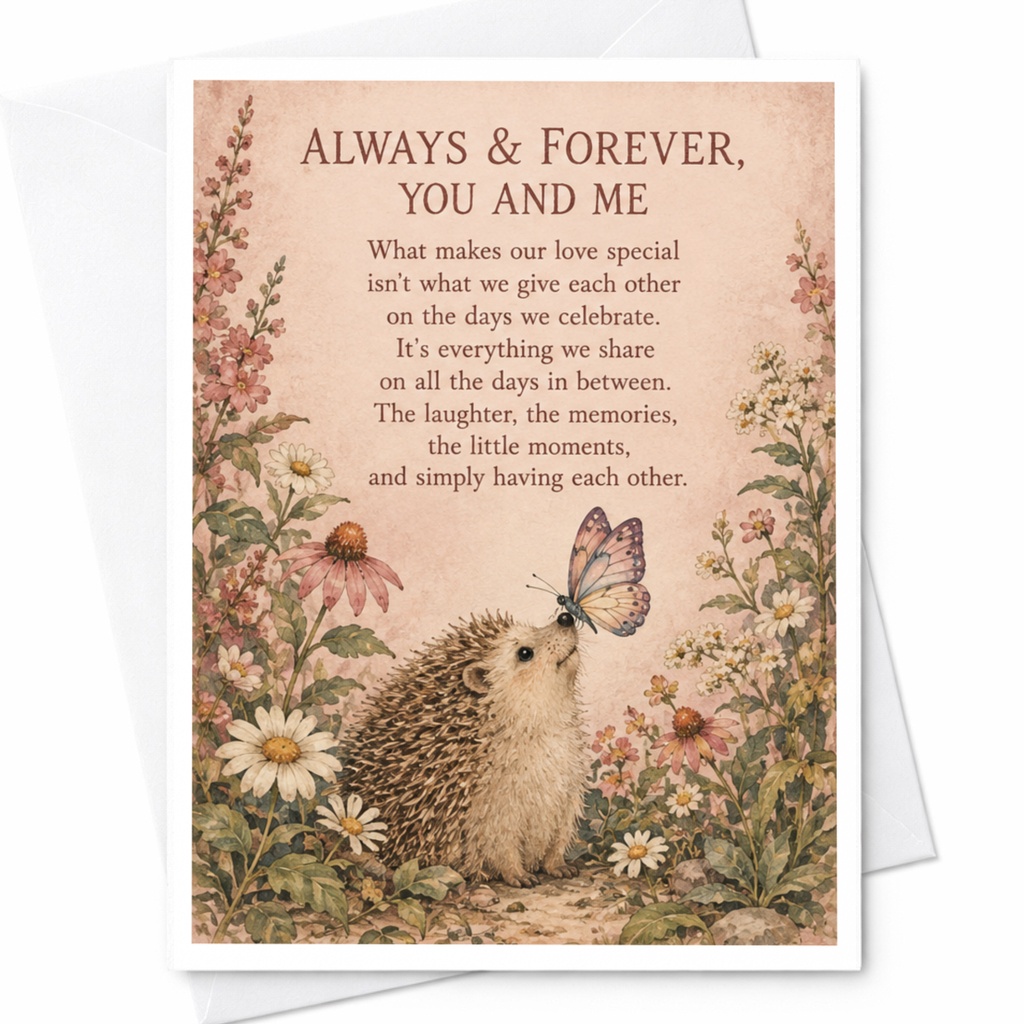 Always & Forever, You And Me Anniversary Card Romantic Hedgehog Butterfly Floral For Couple Sweet Love Card C10299
