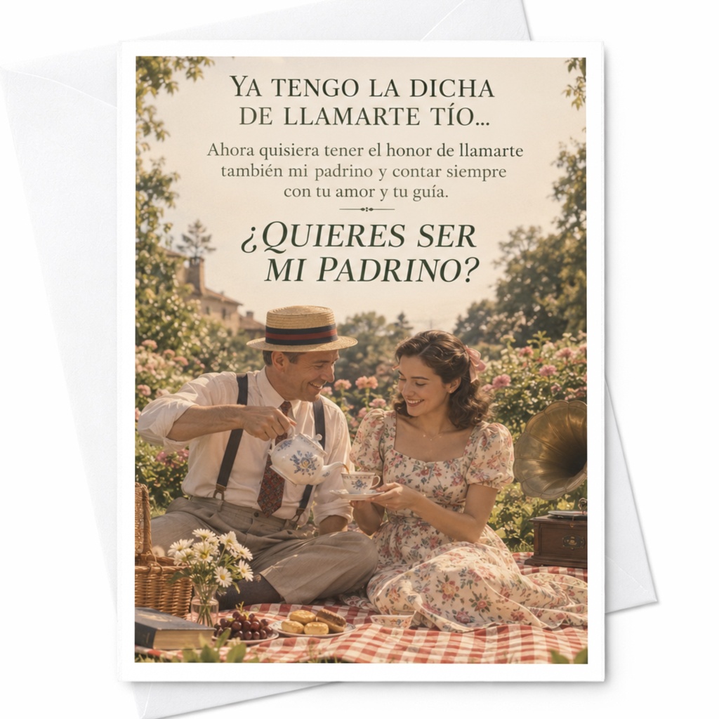 Ya Tengo La Dicha De Llamarte Tío Godfather Proposal Card Vintage Picnic Scene Will You Be My Godfather Invitation C10306