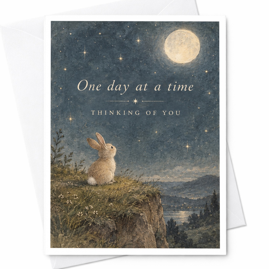 One Day At A Time Thinking Of You Card Rabbit Under Moonlit Sky Cute Animal Greeting Card For Friend Supportive Encouragement C10308