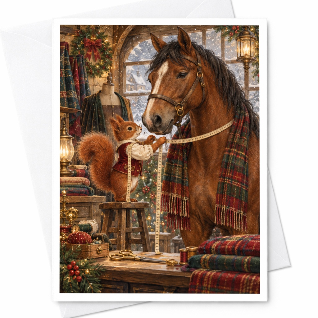 Squirrel And Horse Christmas Card Festive Animal Greeting Card Holiday Card For Animal Lover Cute Winter Scene C10328
