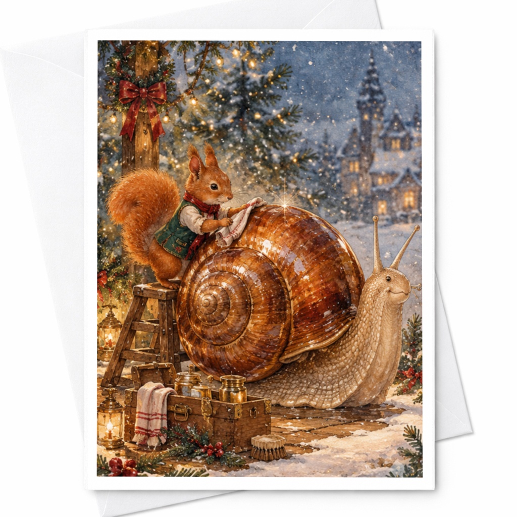 Squirrel And Snail Winter Scene Christmas Card Cute Animal Holiday Greeting Card Woodland Creature Festive Card For Nature Lover C10331