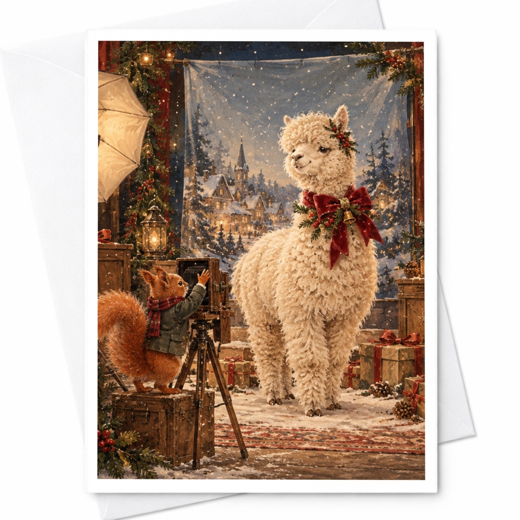 Alpaca Christmas Card Cute Animal Holiday Greeting Card Winter Scene For Animal Lover Festive Card With Squirrel And Gifts C10335