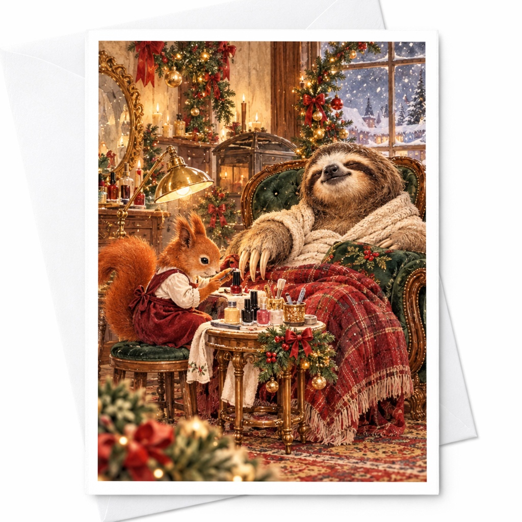 Cozy Christmas Card Sloth And Squirrel Holiday Greeting Card Cute Animal Winter Scene Festive Card For Animal Lover C10338