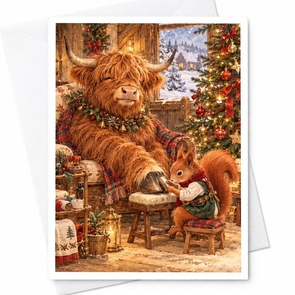 Highland Cow And Squirrel Christmas Card Festive Animal Greeting Card Cute Holiday Card For Animal Lover Winter Scene C10339