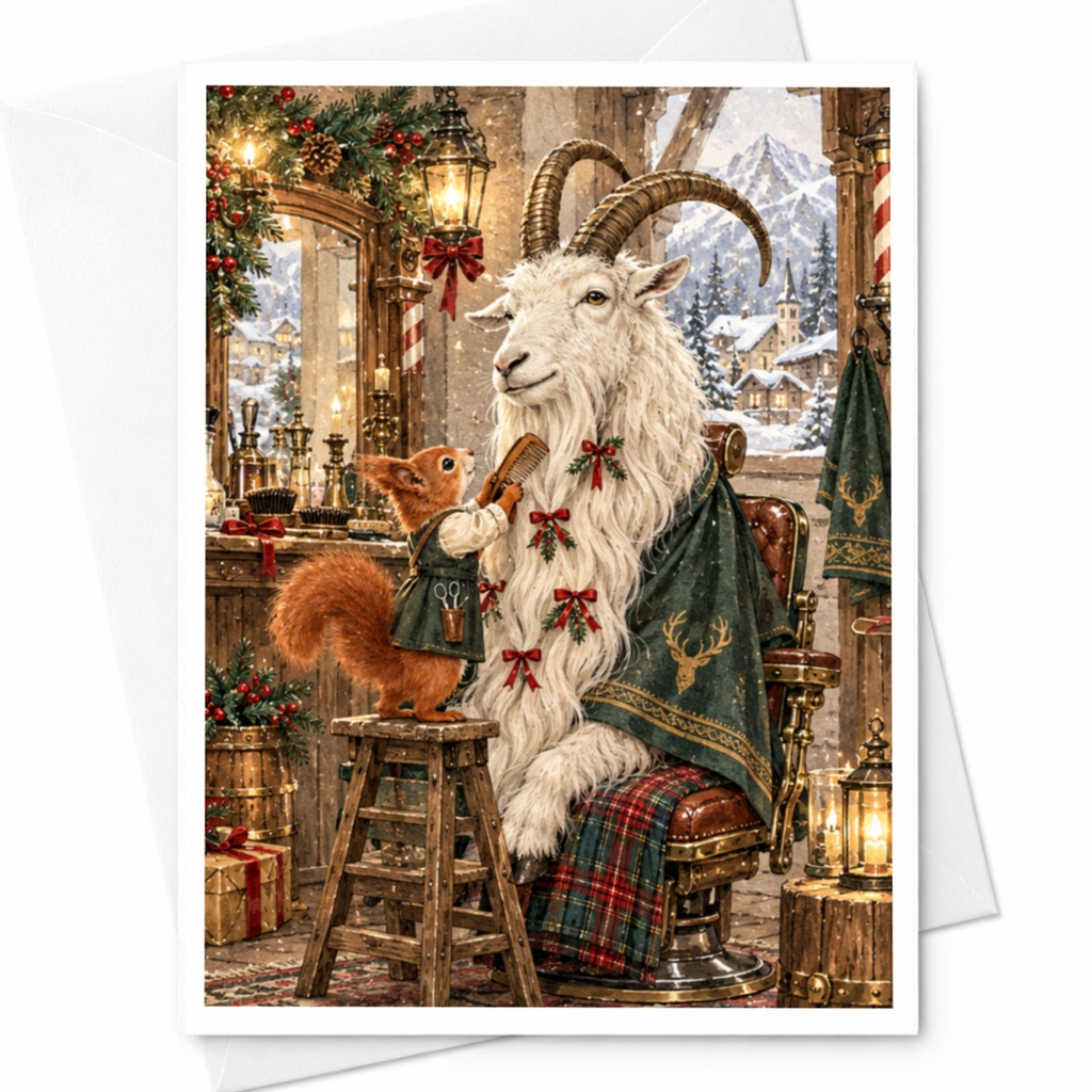 Squirrel Grooming Goat Christmas Card Cute Animal Holiday Greeting Card Woodland Winter Scene For Animal Lover C10341