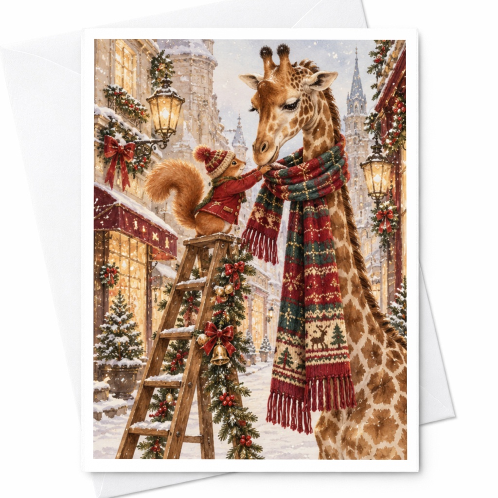 Giraffe And Squirrel Christmas Card Cute Winter Scene Holiday Greeting Card Animal Lover Festive Card For Friends Family C10342