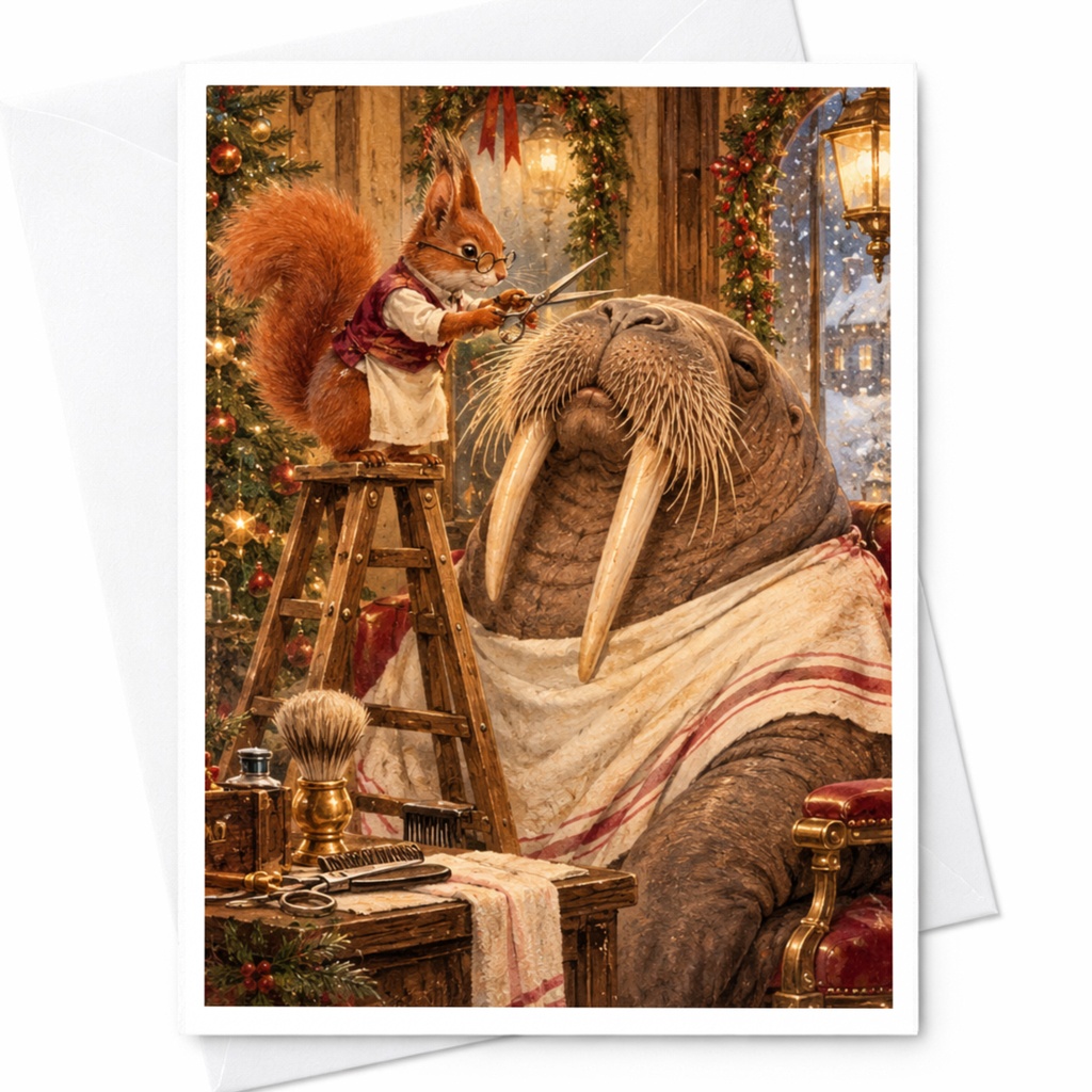 Squirrel Barber Trimming Walrus Christmas Card Cute Animal Holiday Greeting Card For Animal Lover Funny Festive Card C10344