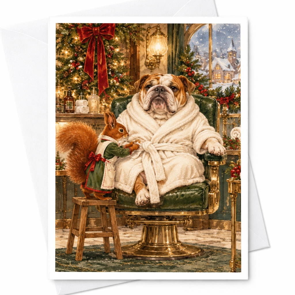 Bulldog And Squirrel Christmas Card Cute Animal Holiday Greeting Card Festive Winter Scene For Dog Lover Cozy Christmas Card C10346