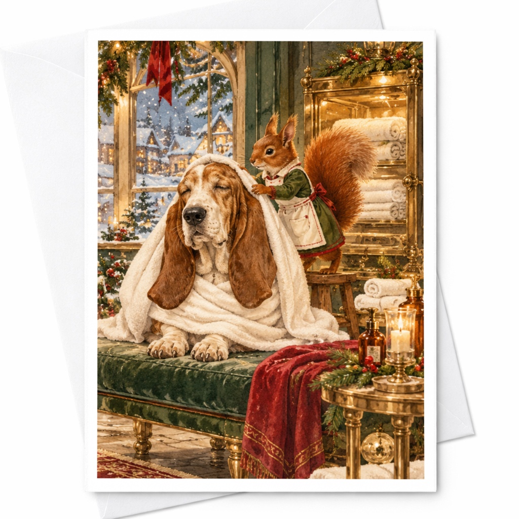 Dog And Squirrel Cozy Winter Scene Christmas Card Cute Animal Holiday Greeting Card For Dog Lover Festive Seasonal Card C10347