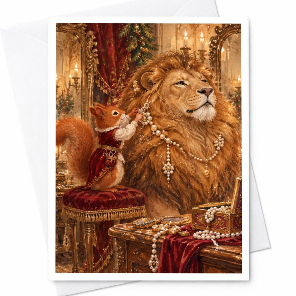 Squirrel And Lion With Jewelry Blank Greeting Card Whimsical Animal Art Card For Nature Lovers Cute Everyday Card C10348