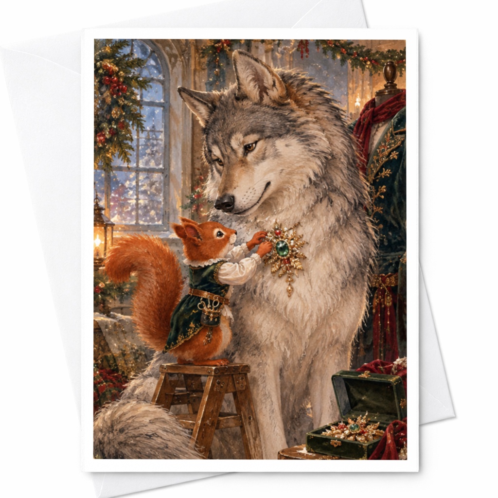Squirrel And Wolf Christmas Card Festive Animal Greeting Card Woodland Holiday Card Cute Winter Scene For Animal Lover C10349