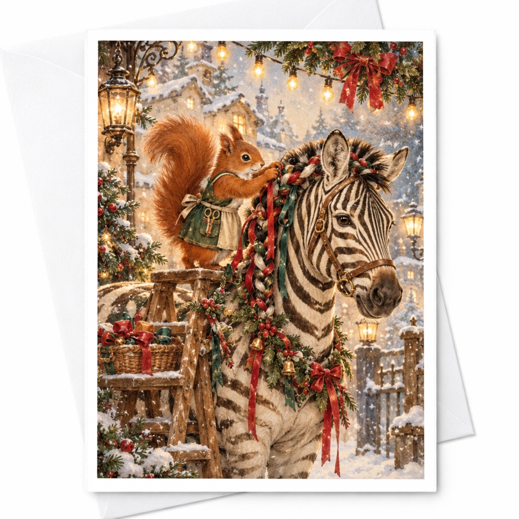 Squirrel Decorating Zebra Christmas Card Cute Animal Holiday Greeting Card Winter Scene Festive Art For Animal Lover C10352