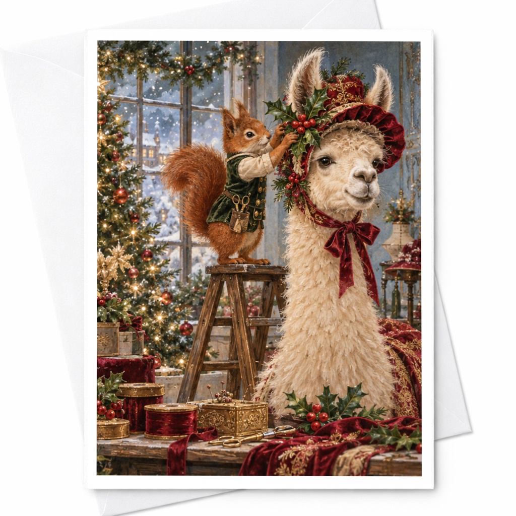 Squirrel Decorating Llama Christmas Card Cute Animal Holiday Greeting Card Festive Winter Scene For Animal Lover C10359