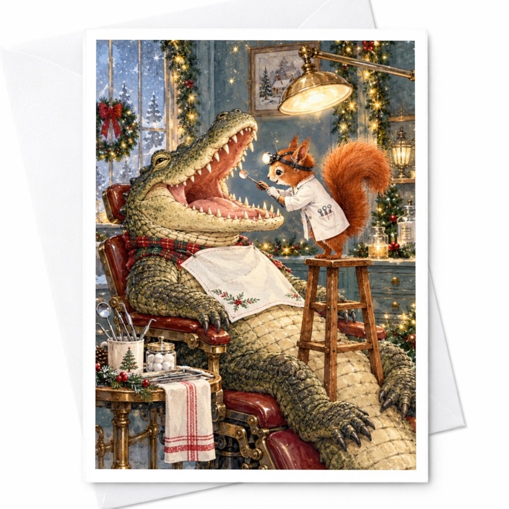 Squirrel Dentist With Crocodile Christmas Card Cute Animal Holiday Greeting Card Funny Winter Scene For Animal Lover C10361