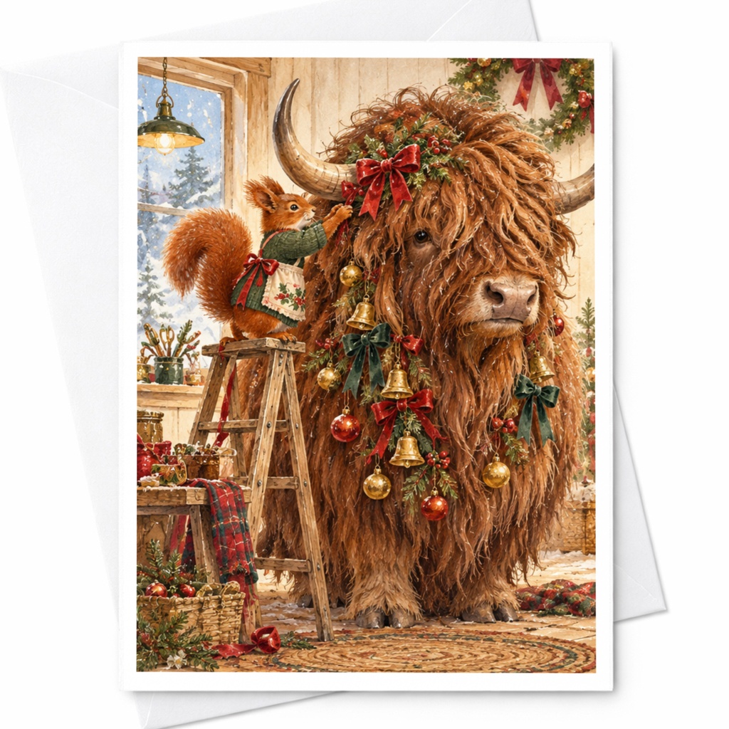 Squirrel Decorating Highland Cow Christmas Card Cute Animal Holiday Greeting Card For Animal Lover Festive Winter Scene C10362
