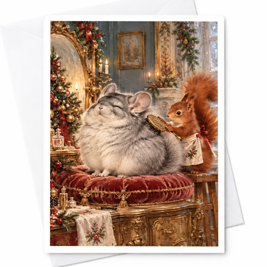 Chinchilla And Squirrel Christmas Card Cute Animal Holiday Greeting Card Festive Scene For Animal Lover Adorable Winter Card C10369