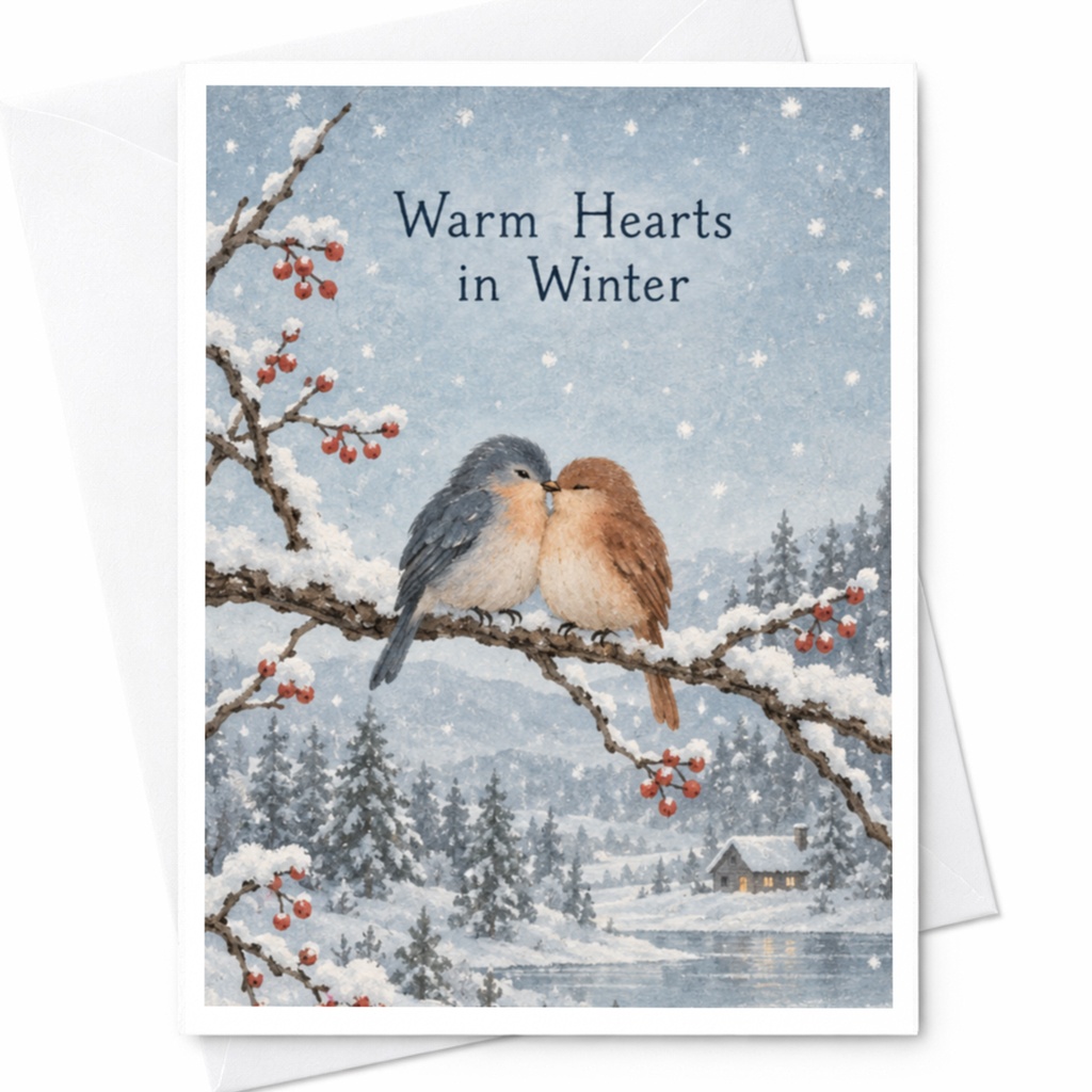 Warm Hearts In Winter Greeting Card Cute Winter Birds Snowy Scene Holiday Card For Couple Romantic Winter Card C10300