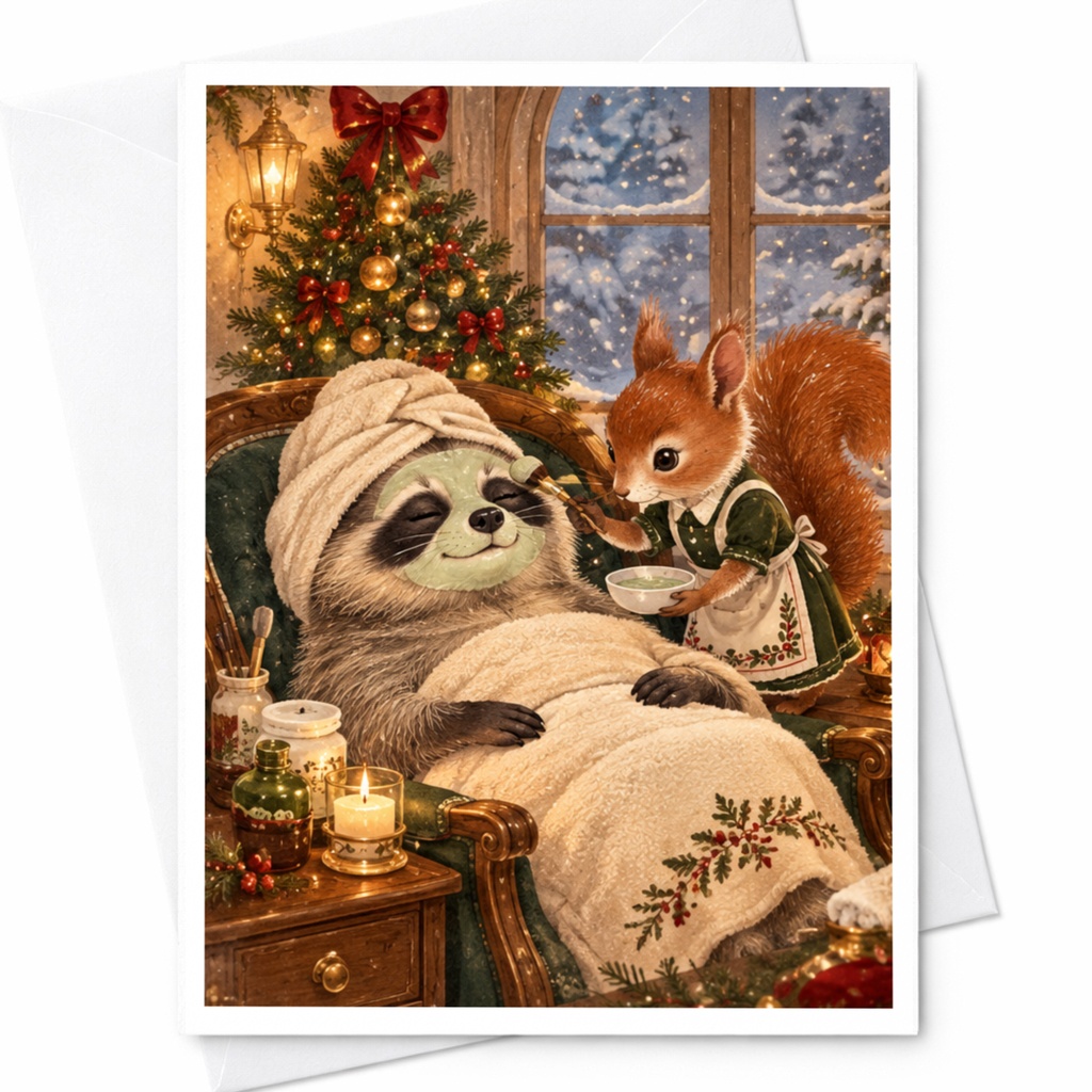 Sloth And Squirrel Spa Scene Christmas Card Cute Animal Holiday Greeting Card Cozy Winter Scene For Animal Lover C10371